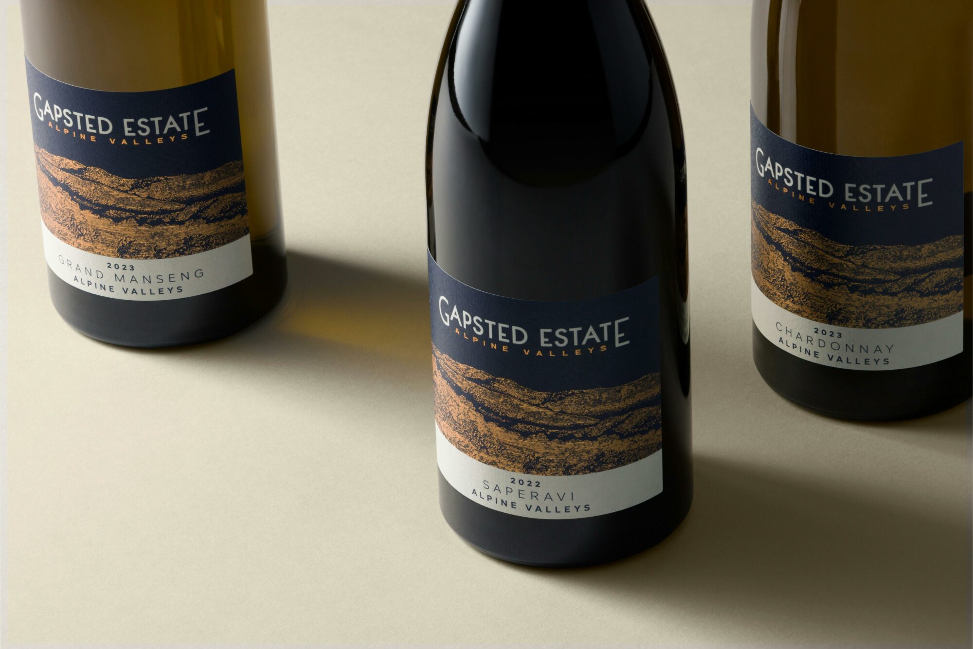 Three wines from the Gapsted Estate collection, bottom of the bottles showing the wine label.