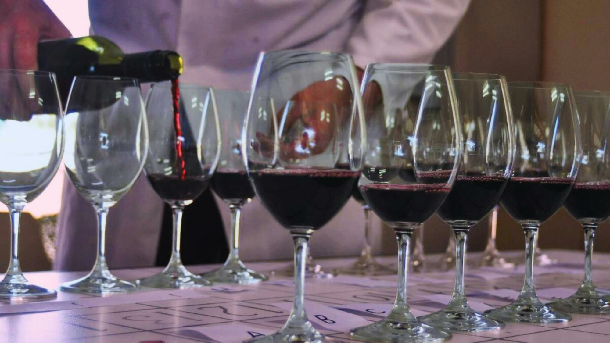 Wine glasses on a table, having a red table wine poured into them for tasting by the Public.