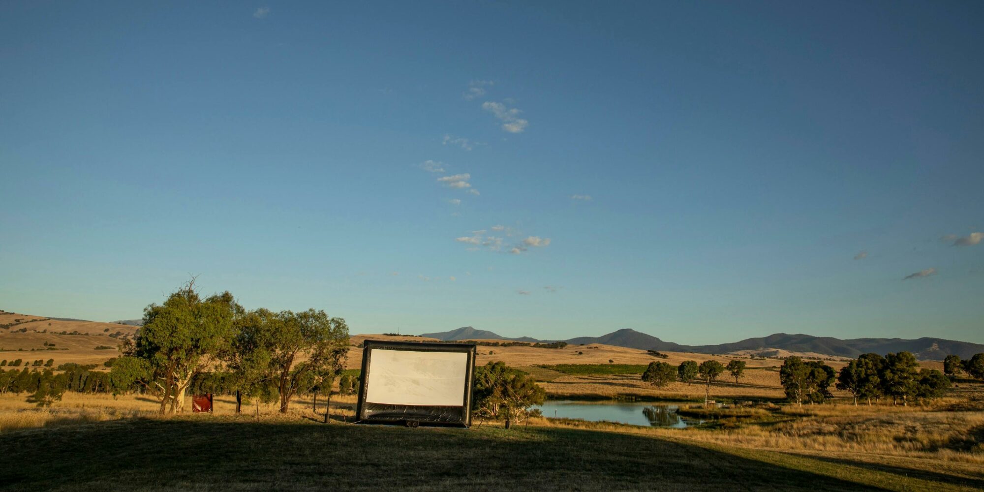 an outdoor cinema screen infront of Buller