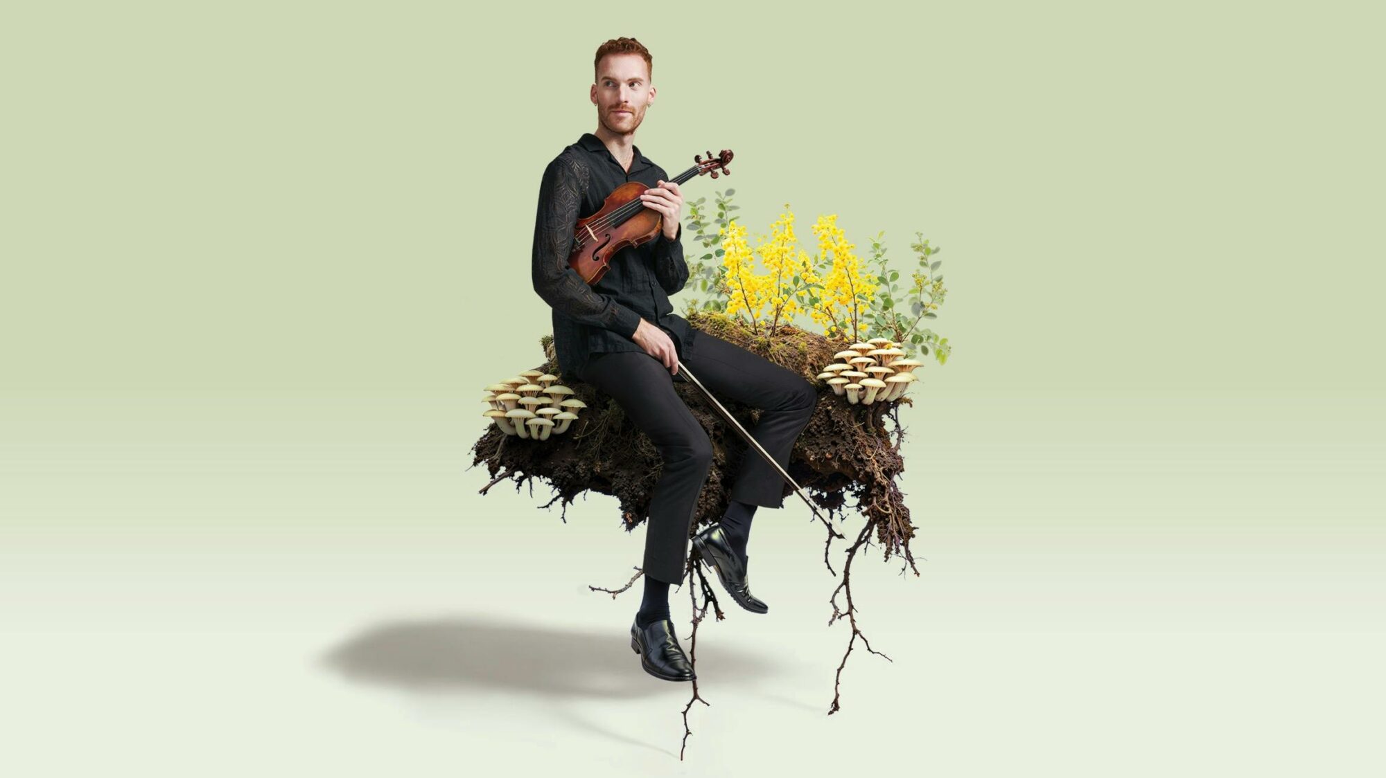 A musician sits on a log with ferns and flowers
