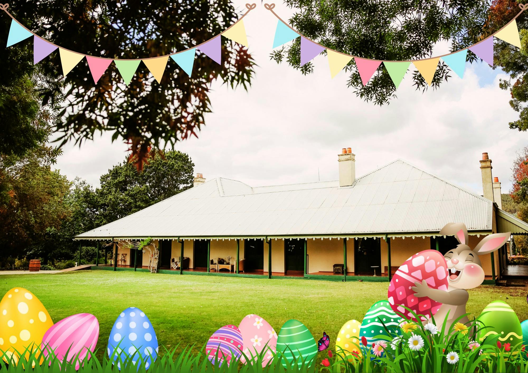 Flowerdale estate homestead with lawn and easter eggs with a bunny