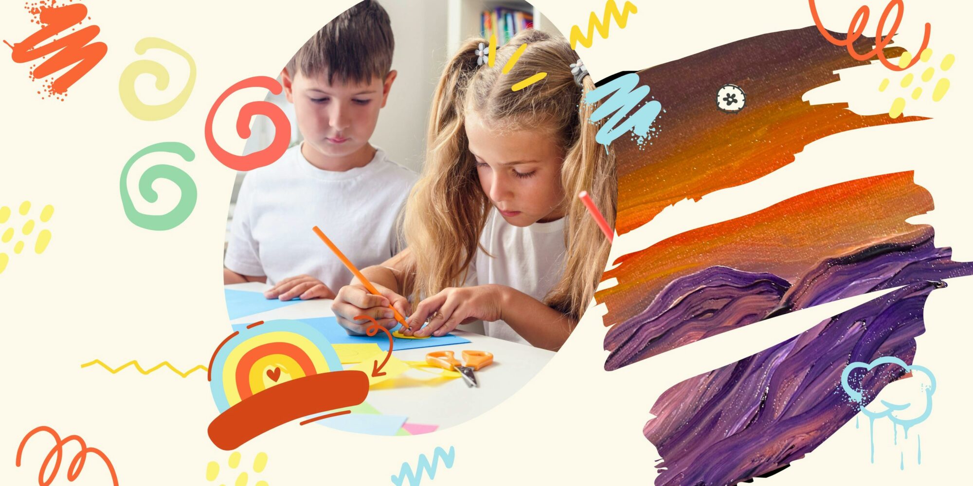 2 children making art with a cut out of a painting and squiggles across the image