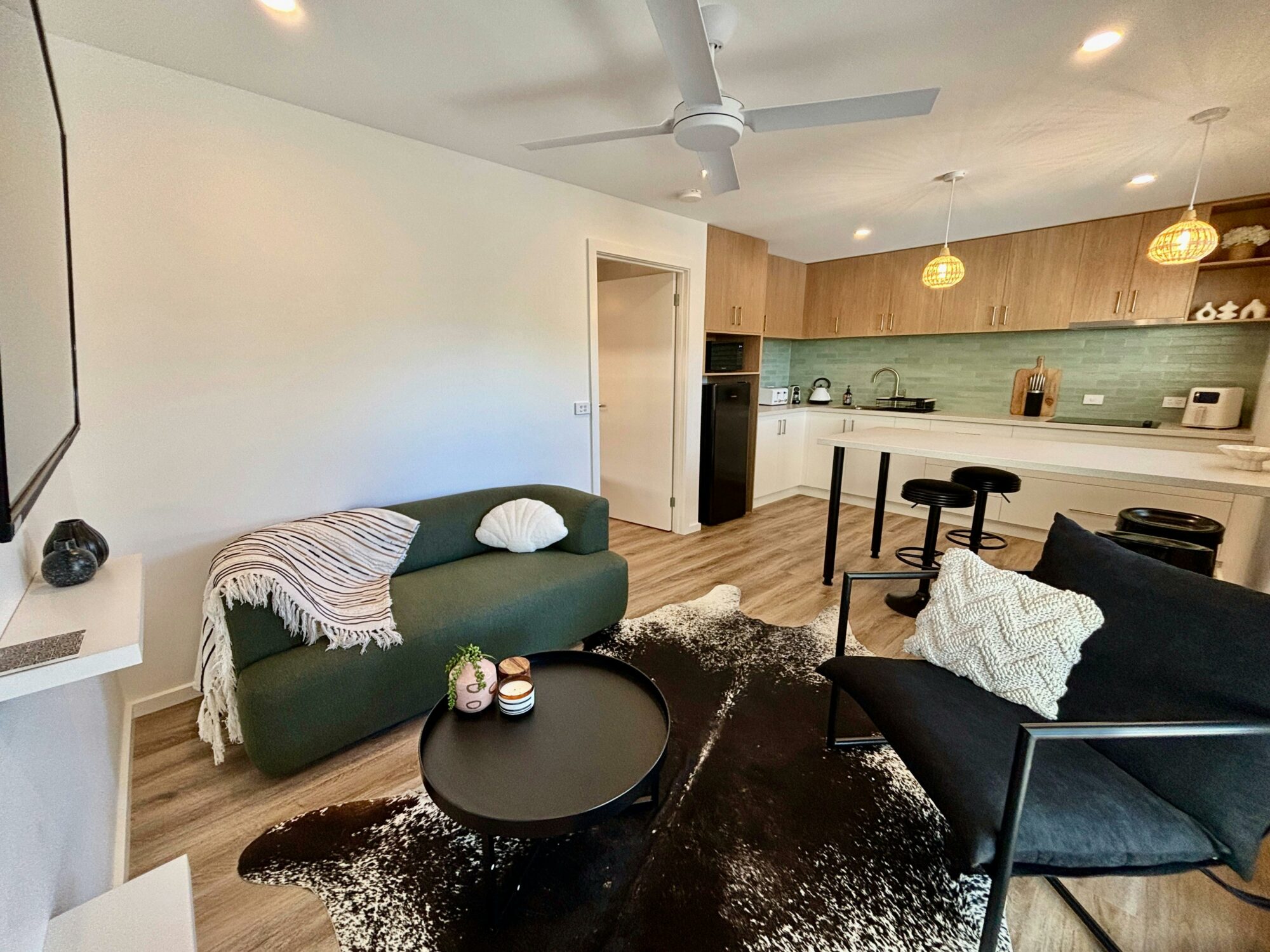 Couch and chair with a throw rug for warmth, TV, reverse a/c split system for living and kitchen.