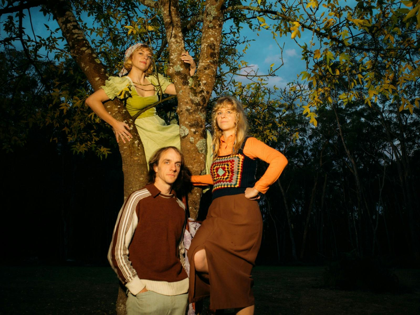 Leah and her two band bands are sitting in a tree, dressed in whimsical forest colours
