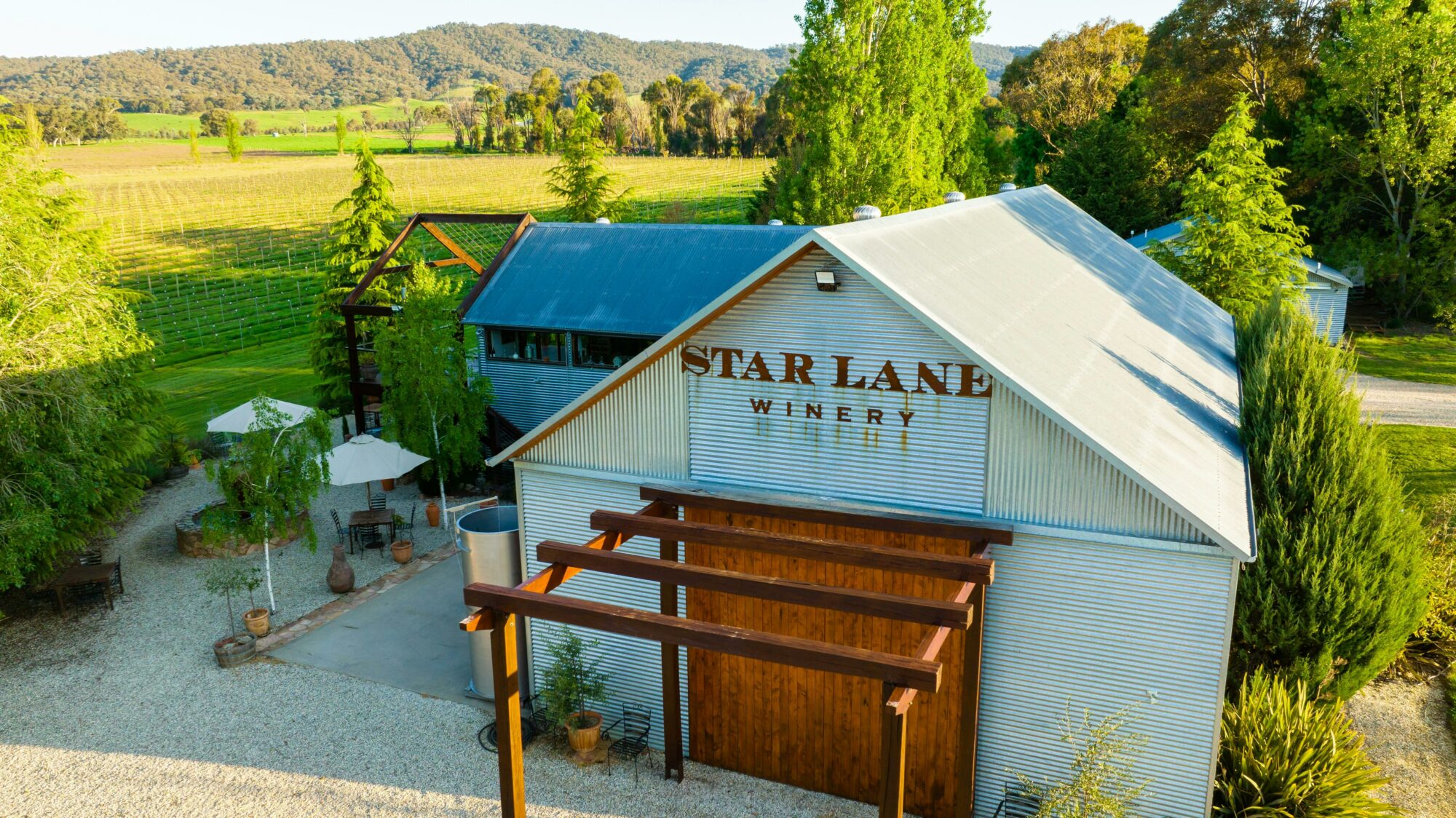Star Lane winery & cellar door with a view to the surrounding hills of Beechworth and Victorian Alps