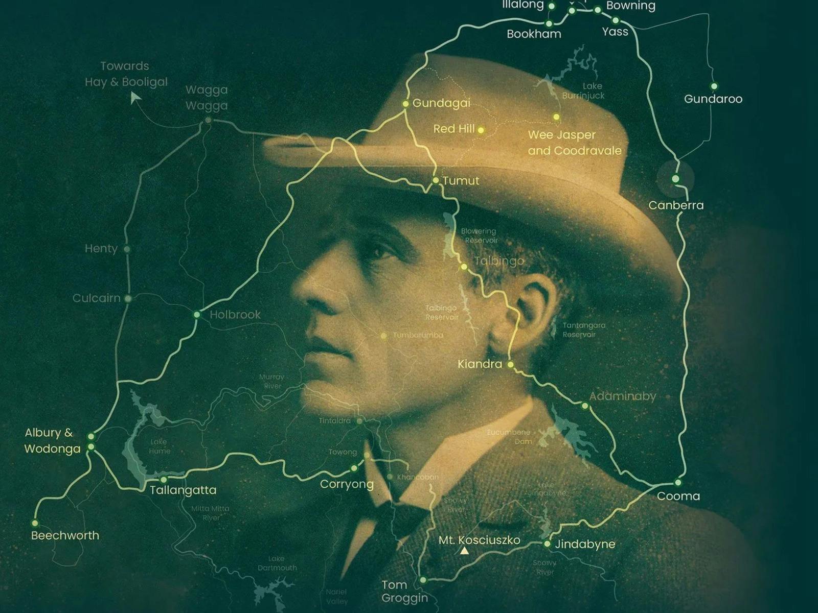 Profile image of Banjo Paterson overlayed with trail map
