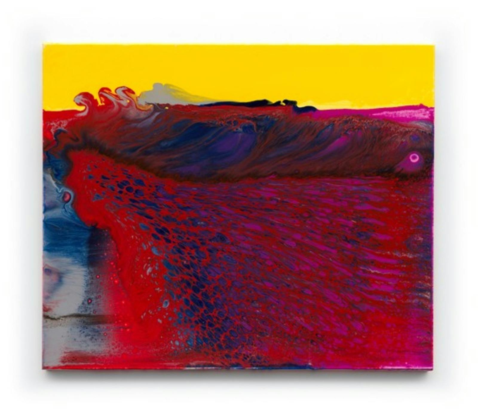 Paint pouring picture in yellow, red, blue and grey that resembles a wave.