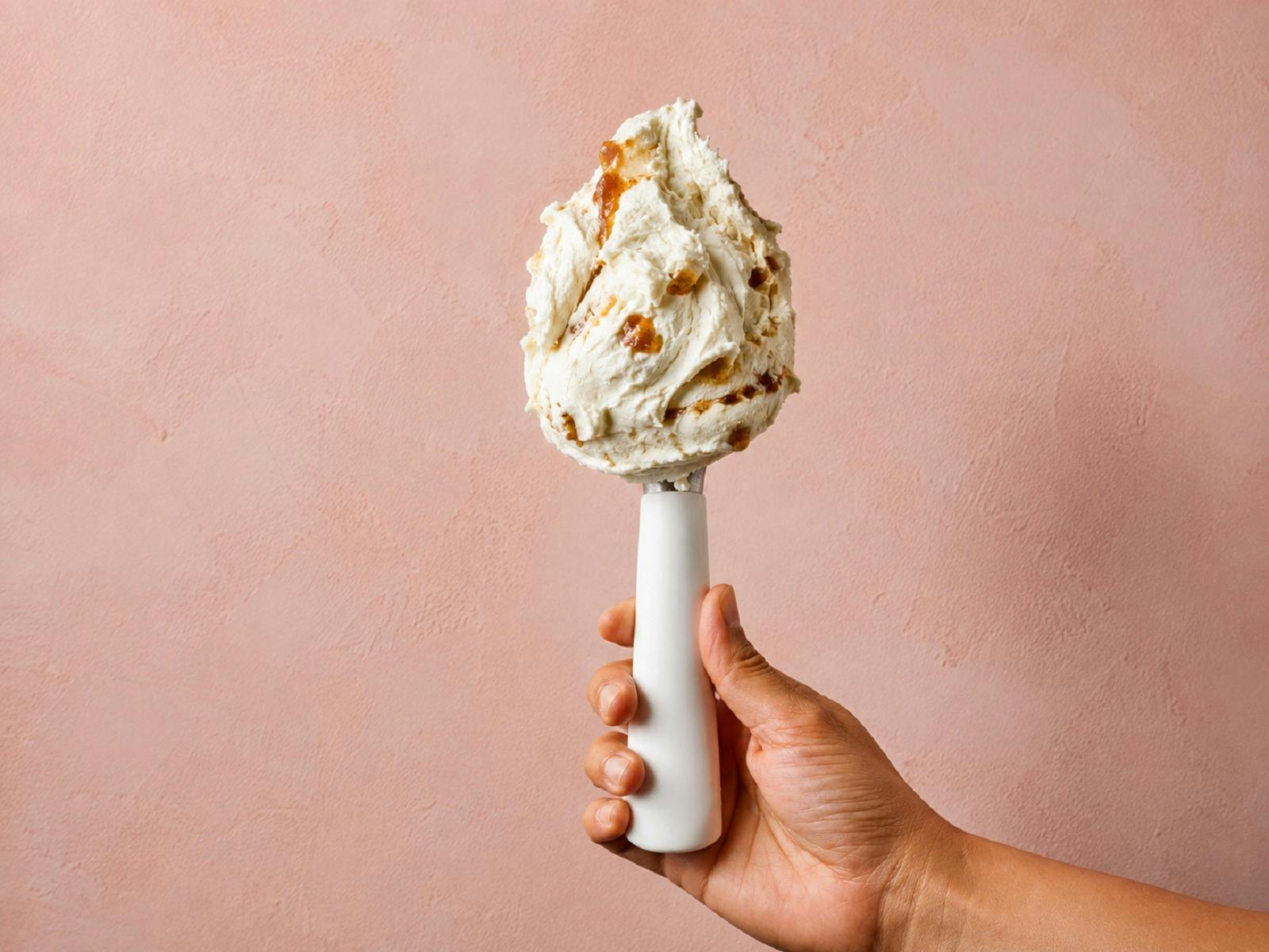 Scoop of Ricotta and Fig conserve gelato on gelato paddle