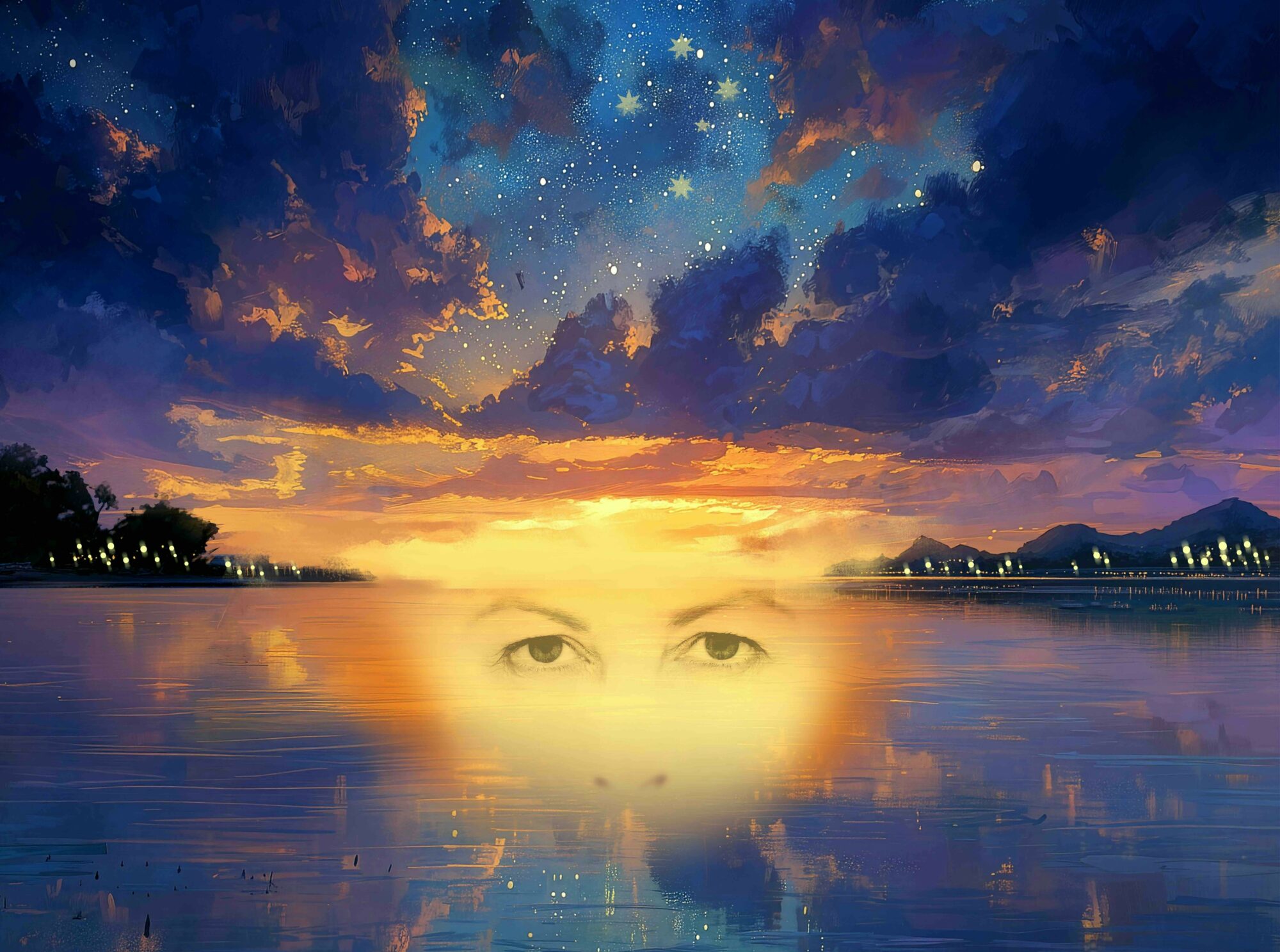Image of river with woman's face overlaid. Southern Cross stars in sky