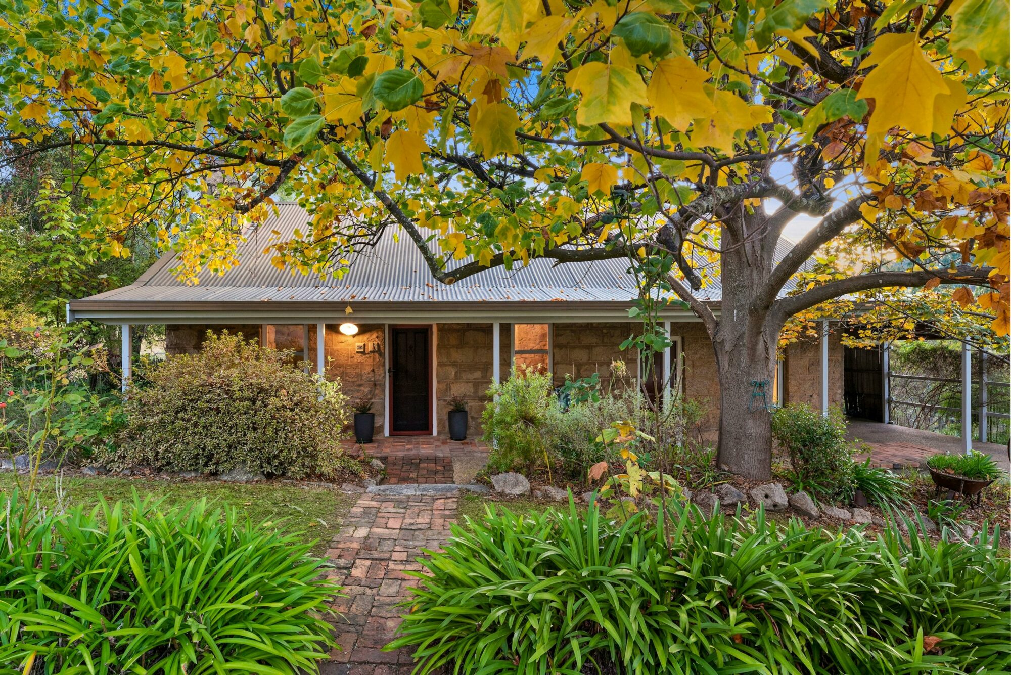 External view of Granite Cottage with large tree